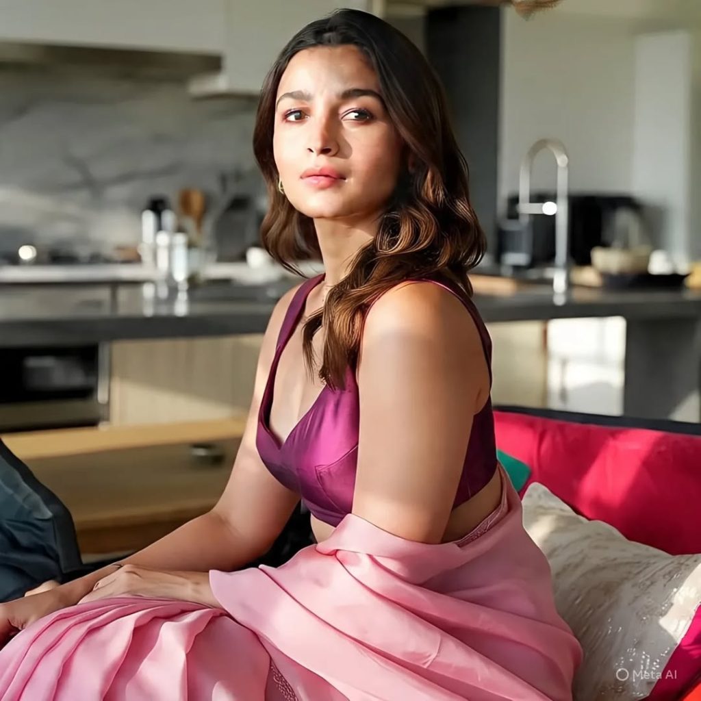 Alia Bhatt posing gracefully in flowing pink saree
