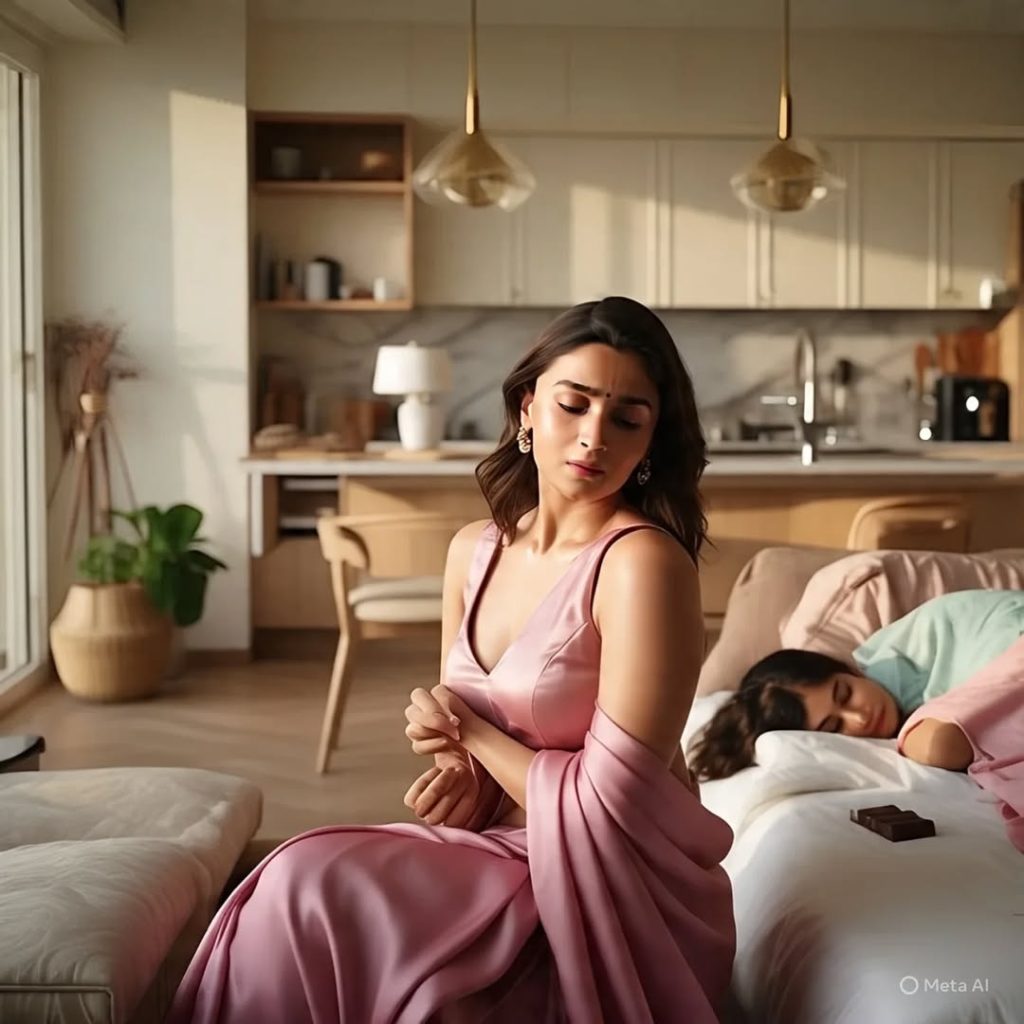 Alia Bhatt posing gracefully in flowing pink saree