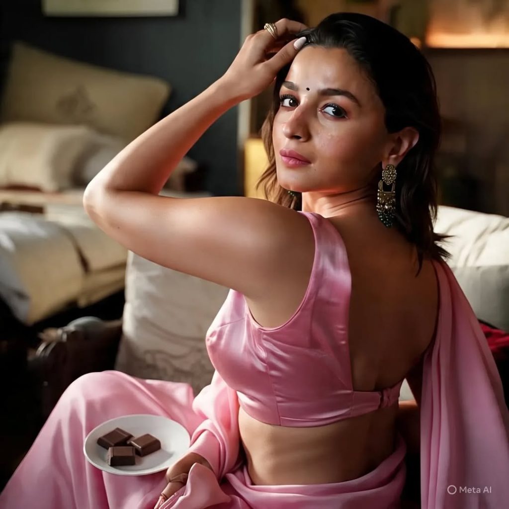 Alia Bhatt posing gracefully in flowing pink saree