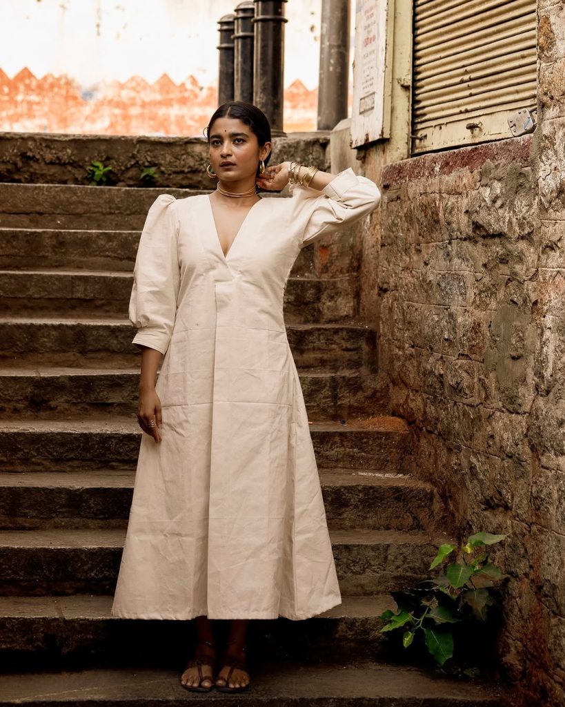 Chaithra J Achar's complete white dress casual look