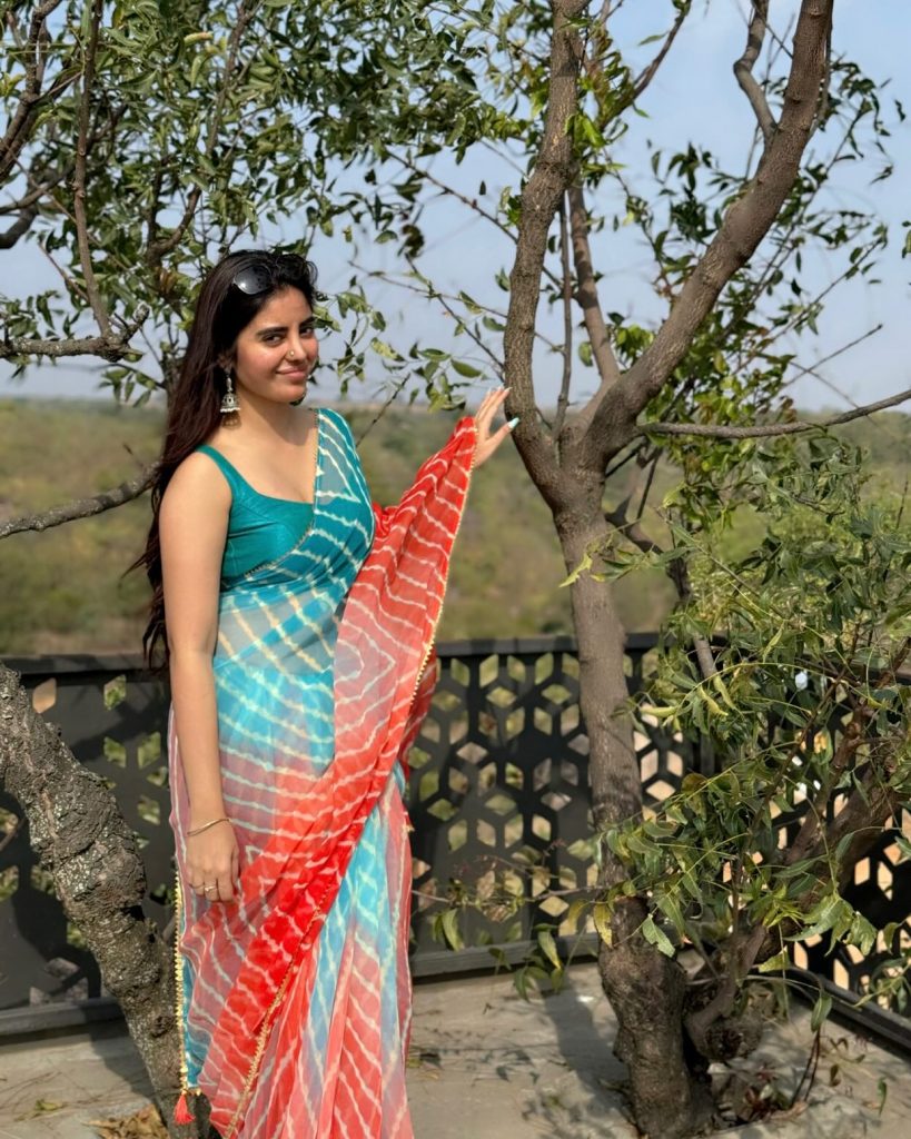 Kushitha Kallapu's blue saree blouse and jewelry coordination