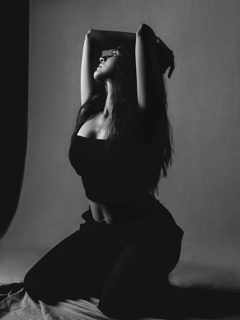 Nuveksha's striking contrast makeup for monochrome shoot