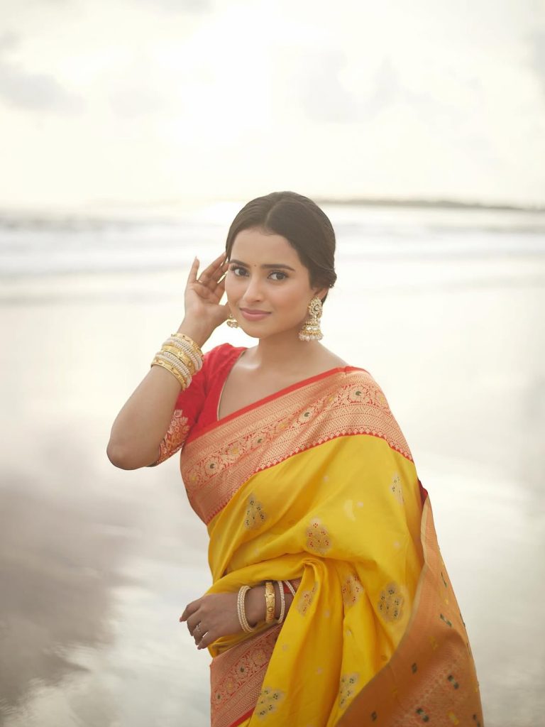 Sunshine yellow saree radiates positivity in Aarushi Baruah's bright portrait
