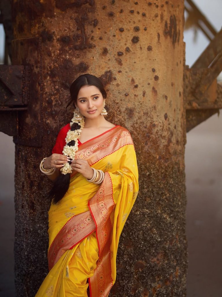 Sunshine yellow saree radiates positivity in Aarushi Baruah's bright portrait