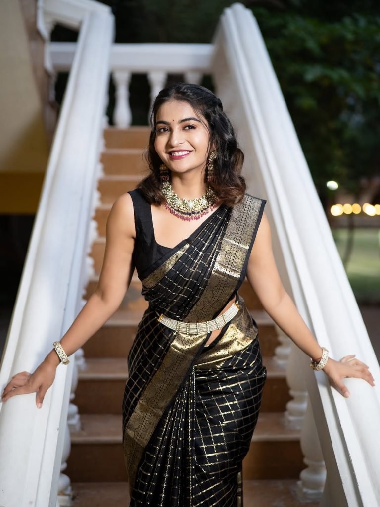 Beautiful fabric patterns highlighted in Ananya Nagella's elegant traditional styling