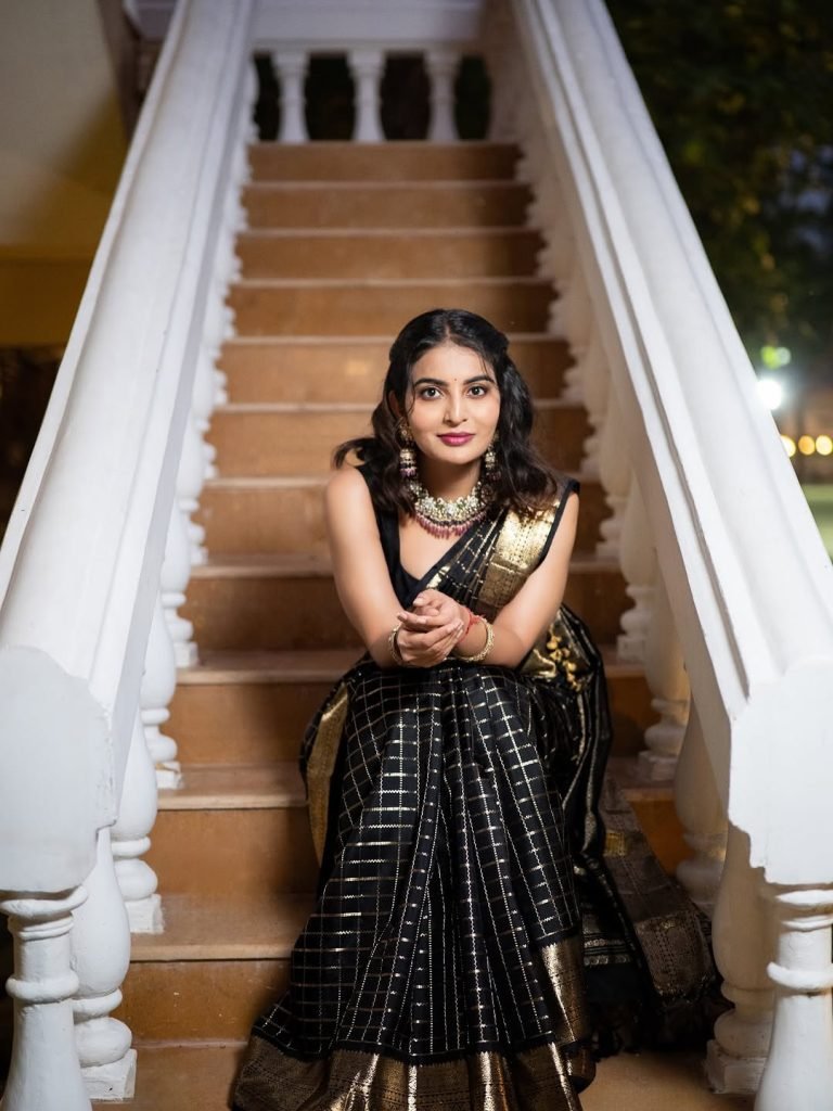 Beautiful fabric patterns highlighted in Ananya Nagella's elegant traditional styling