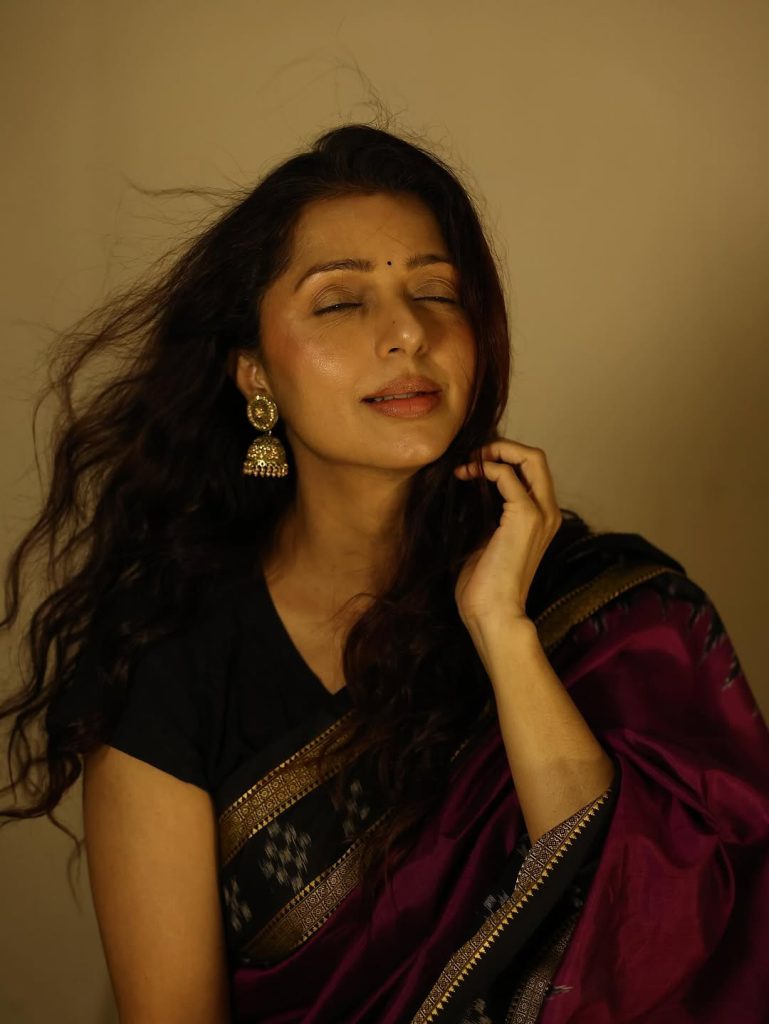 Majestic maroon draping showcases Bhumika Chawla's timeless beauty