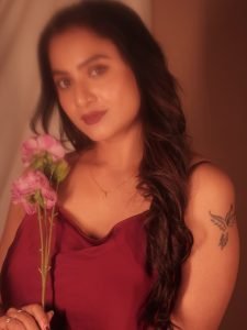 Draped satin slip dress creates contemporary elegance for Janani Ashok Kumar