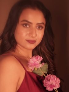 Draped satin slip dress creates contemporary elegance for Janani Ashok Kumar