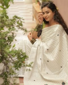 Beautiful embroidered blouse adds artistic accent to Janani Ashok Kumar's white saree