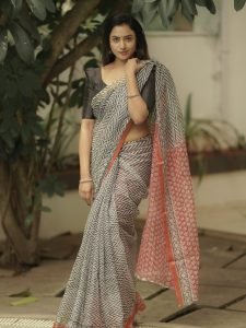 Janani Ashok Kumar embodies modern elegance in block print saree with black blouse