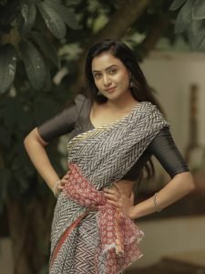 Modern block print saree creates contemporary traditional styling for Janani Ashok Kumar