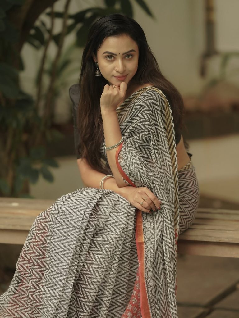 Modern block print saree creates contemporary traditional styling for Janani Ashok Kumar