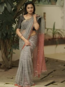 Modern block print saree creates contemporary traditional styling for Janani Ashok Kumar