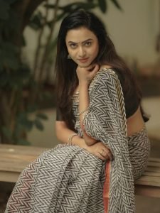 Modern block print saree creates contemporary traditional styling for Janani Ashok Kumar
