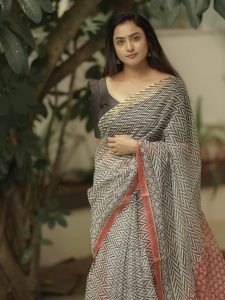 Modern block print saree creates contemporary traditional styling for Janani Ashok Kumar
