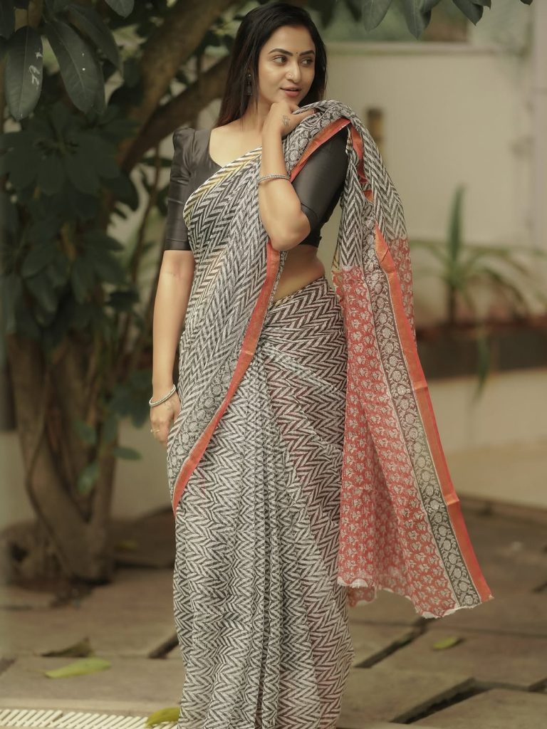 Classic black blouse perfectly complements Janani Ashok Kumar's block print saree