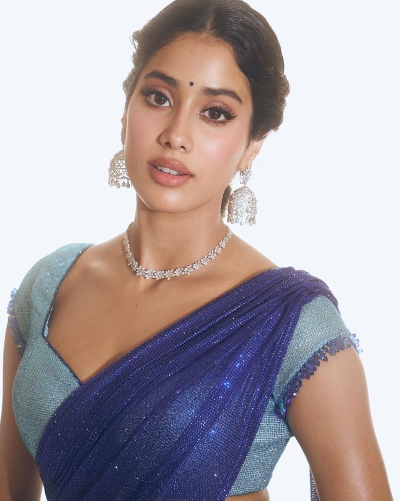 Beautiful blue saree draping showcases Janhvi's traditional fashion expertise