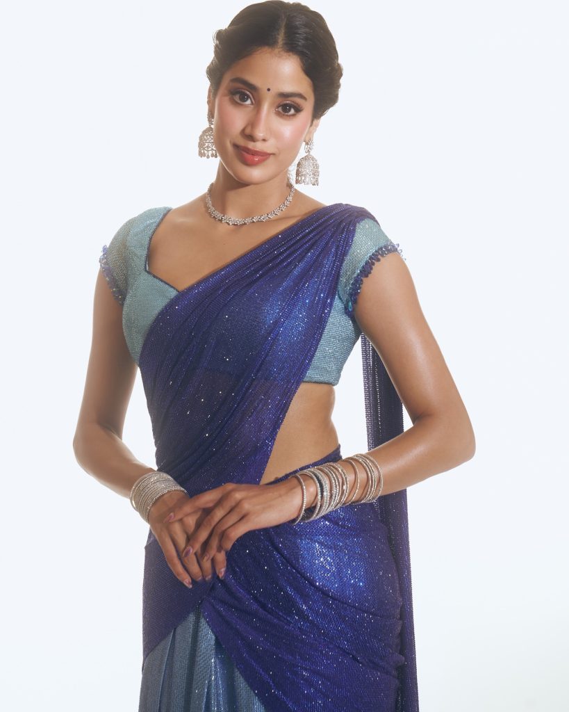 Beautiful blue saree draping showcases Janhvi's traditional fashion expertise