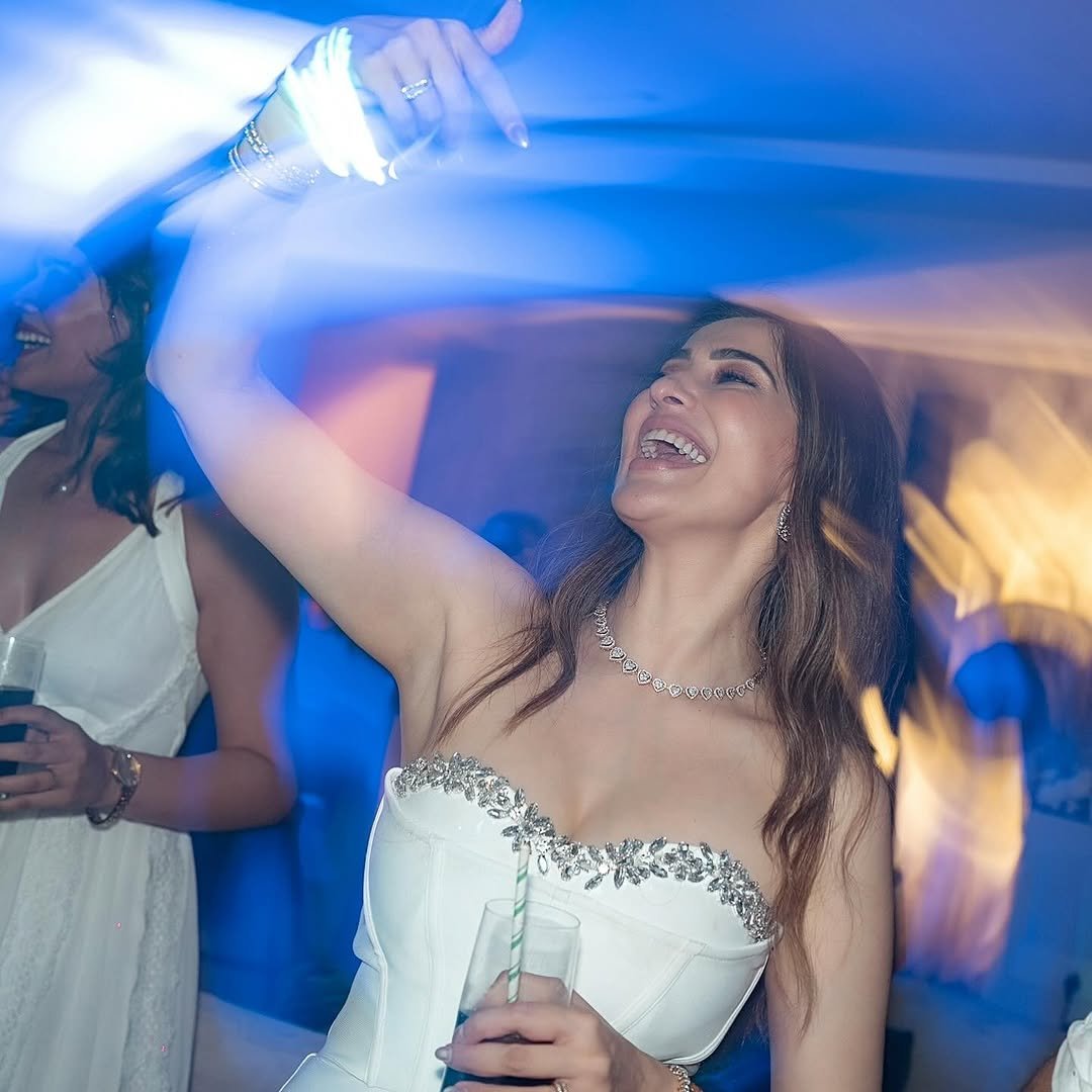 Joyful expression complements Lakshmi's birthday frock's celebratory styling