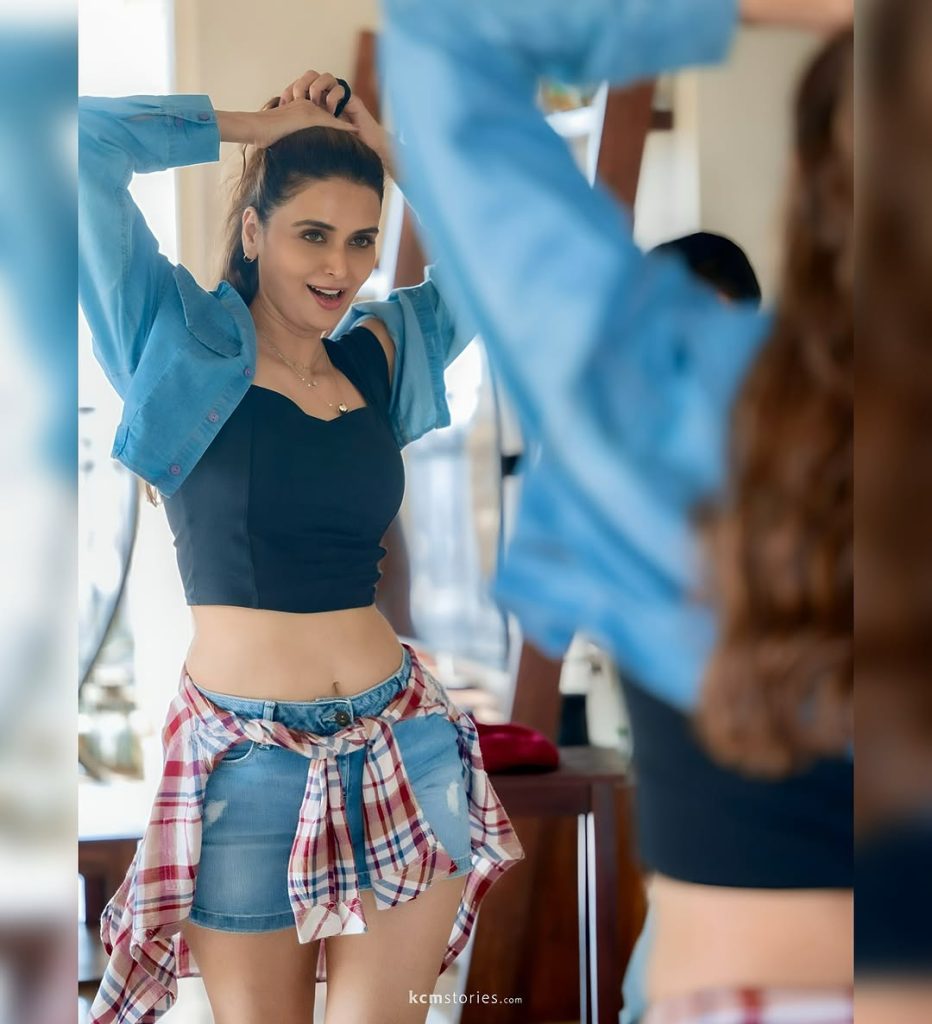 Trendy shorts ensemble demonstrates Meenakshi Dixit's style evolution