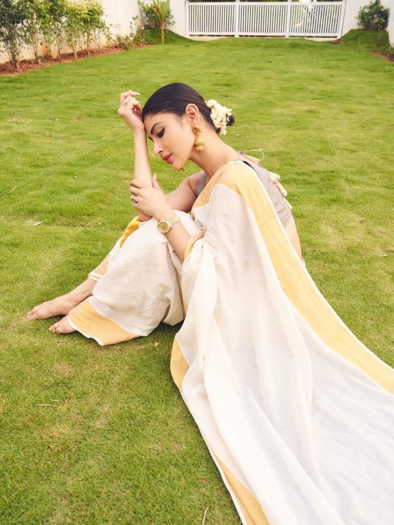 Mouni Roy embodies cultural grace in pristine white saree ensemble