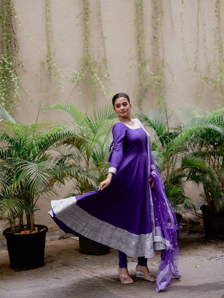 Soft blue traditional wear creates gentle, approachable styling statement for Priyamani