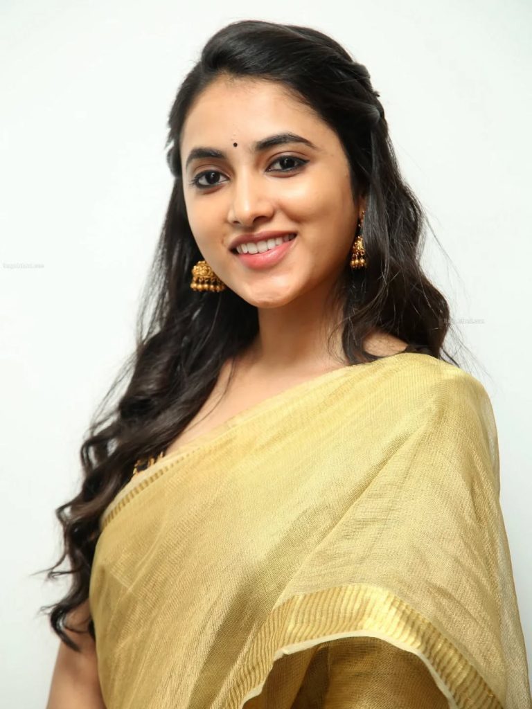 Priyanka Arul Mohan's facial features beautifully highlighted in golden saree portrait