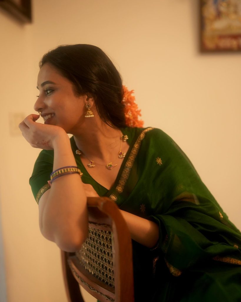 Lush green saree styling reflects Priyanka Mohan's connection to nature and organic beauty