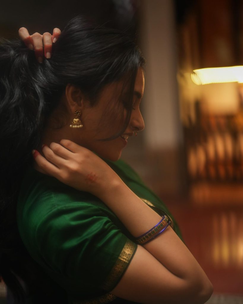 Lush green saree styling reflects Priyanka Mohan's connection to nature and organic beauty