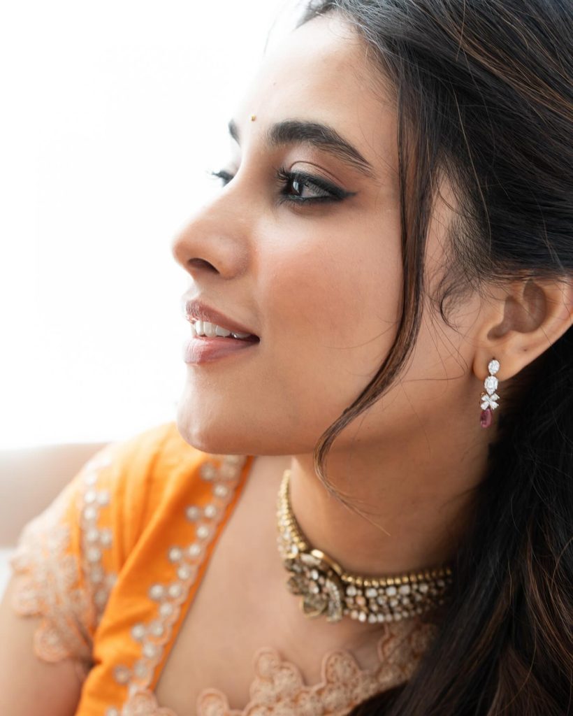 Priyanka Mohan's gorgeous styling features intricate orange fabric patterns