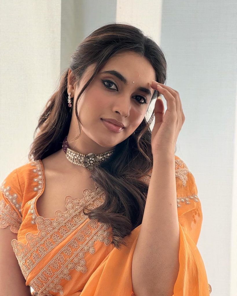 Priyanka Mohan's gorgeous styling features intricate orange fabric patterns