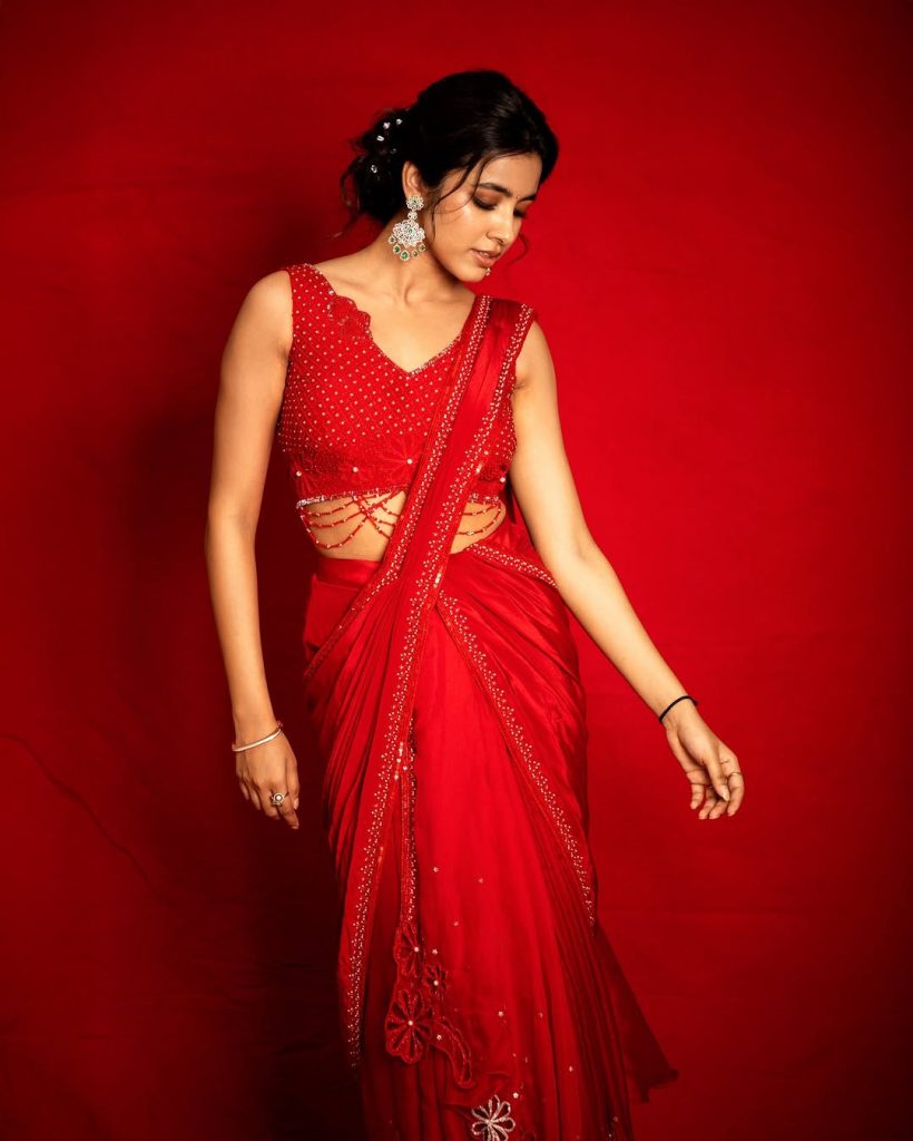 Dramatic red color choice emphasizes Shivani Nagaram's fearless fashion approach