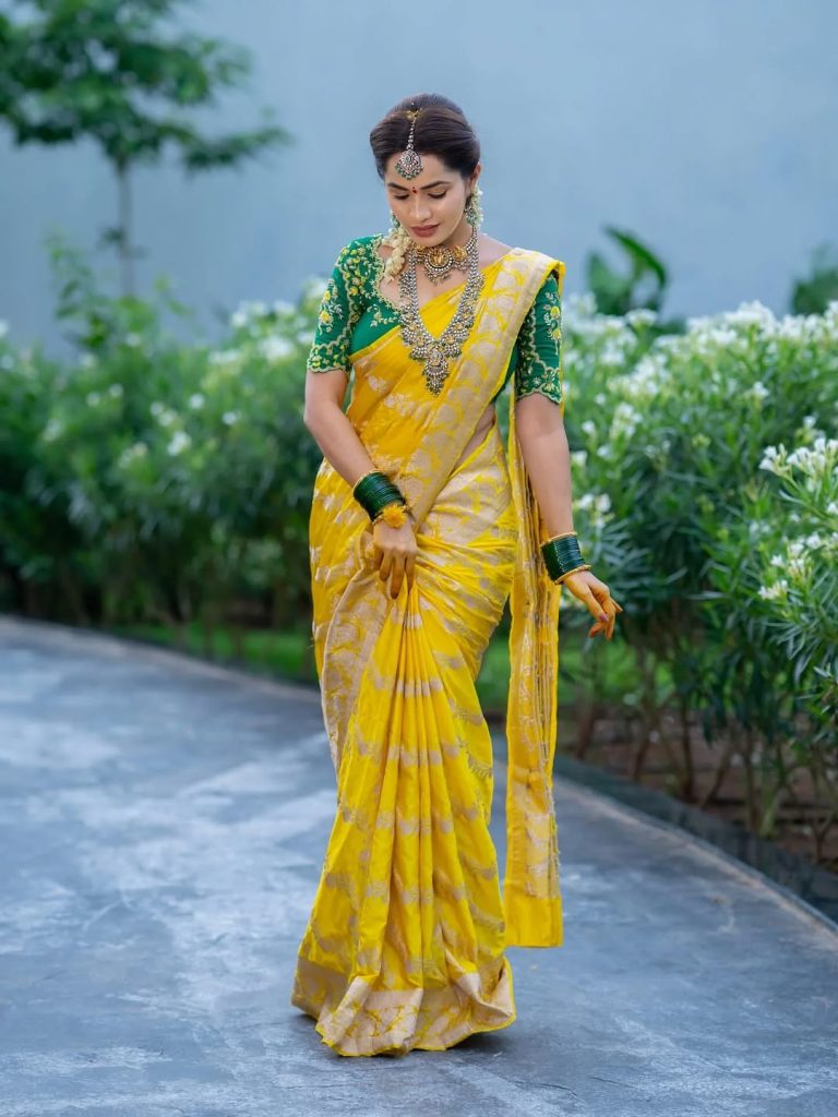 Beautiful yellow draping showcases Shobha Shetty's traditional fashion expertise