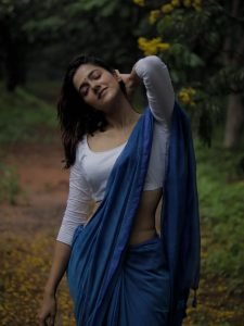 Beautiful blue saree creates stunning visual harmony in Simran Choudhary's portrait