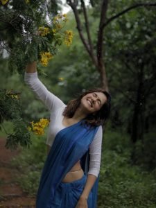 Beautiful blue saree creates stunning visual harmony in Simran Choudhary's portrait