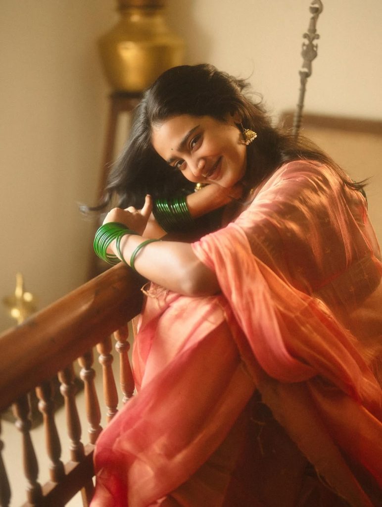 Traditional saree styling highlights Yoga Lakshmi's natural elegance
