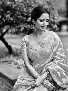 Ashika Ranganath elegant pink silk saree traditional studio portrait