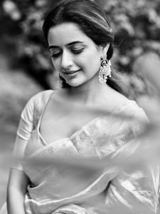Ashika Ranganath elegant pink silk saree traditional studio portrait