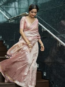 Studio lighting on Ashika Ranganath classic pink silk saree