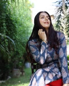 Graceful pose from Bhumika Chawla in patterned blue dress