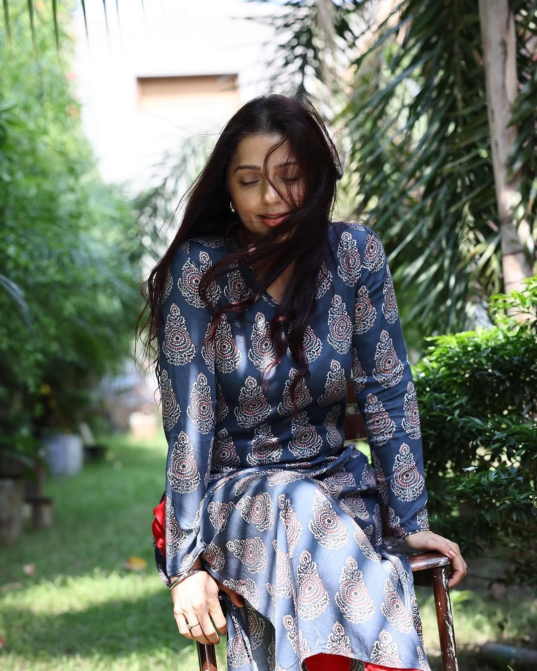 Bhumika Chawla Blue Printed Dress Outdoor Photoshoot Graceful Look (22)