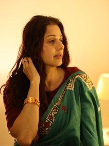Bhumika Chawla teal handloom saree warm natural lighting