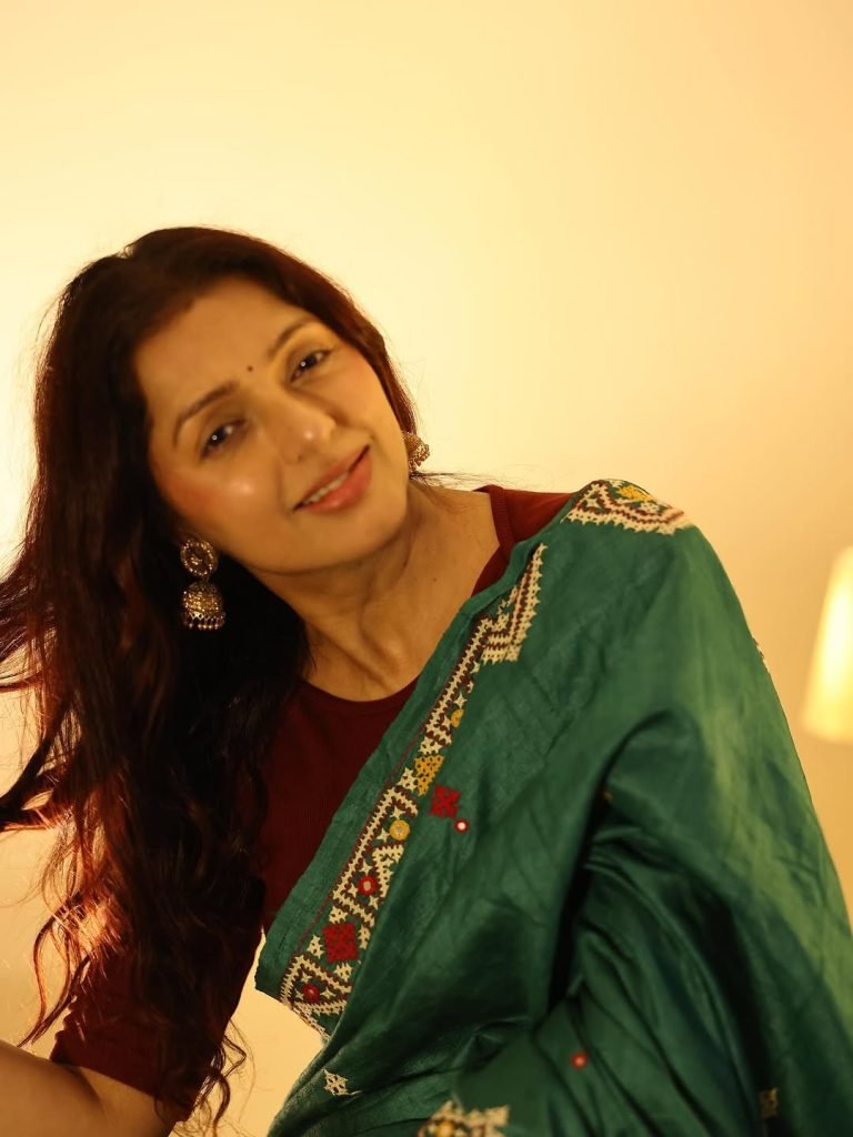 Bhumika Chawla teal handloom saree warm natural lighting