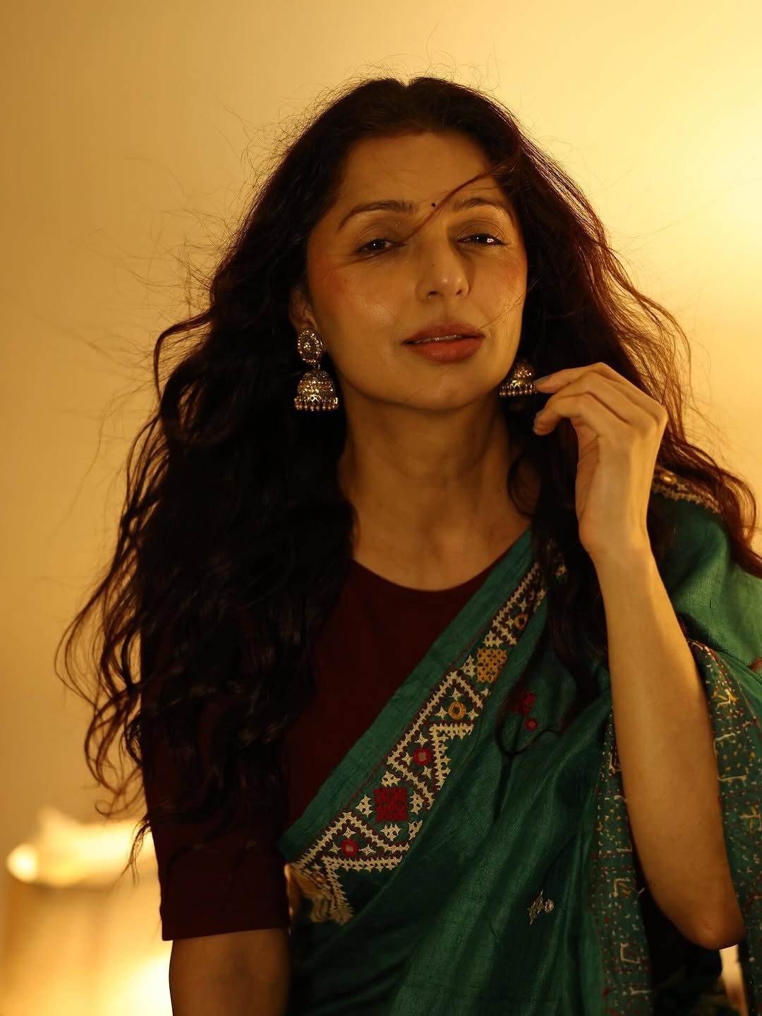 Bhumika Chawla teal handloom saree warm glow Photoshoot (3)