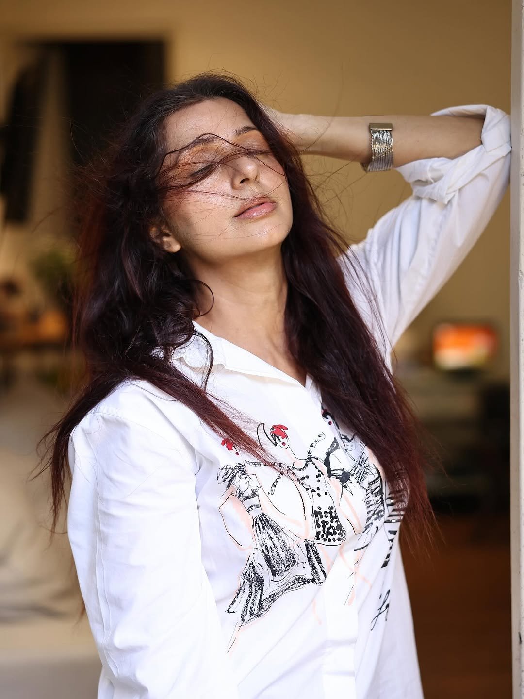 Bhumika Chawla white cartoon shirt windswept hair Photoshoot (10)