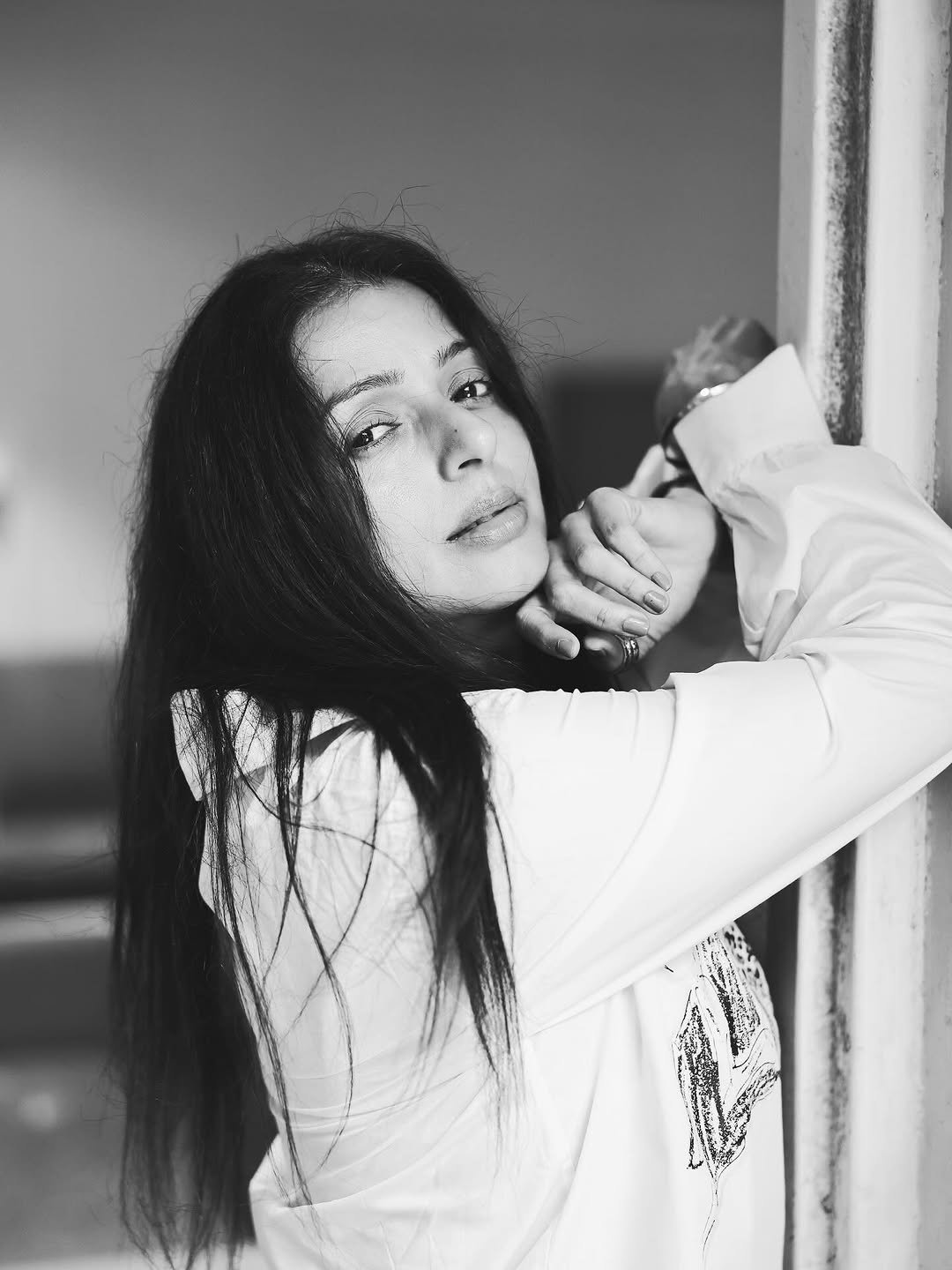 Bhumika Chawla white cartoon shirt windswept hair Photoshoot (5)