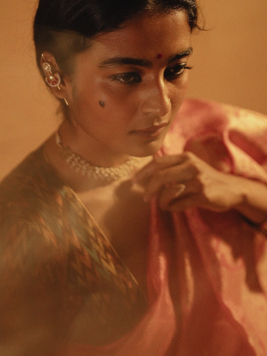 Chaithra J Achar rose saree ikat blouse pearl choker warm glow Portrait (10)