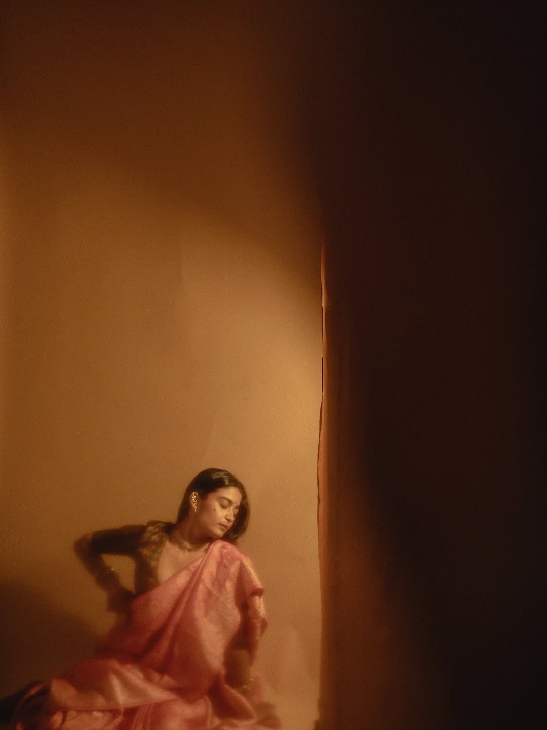 Chaithra J Achar rose saree ikat blouse pearl choker warm glow Portrait (6)