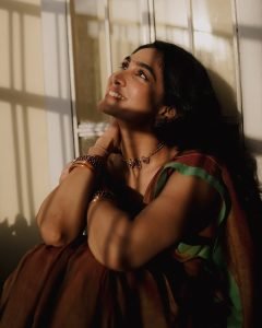 Deepti Sati earthy silk saree with blush blouse moody lighting